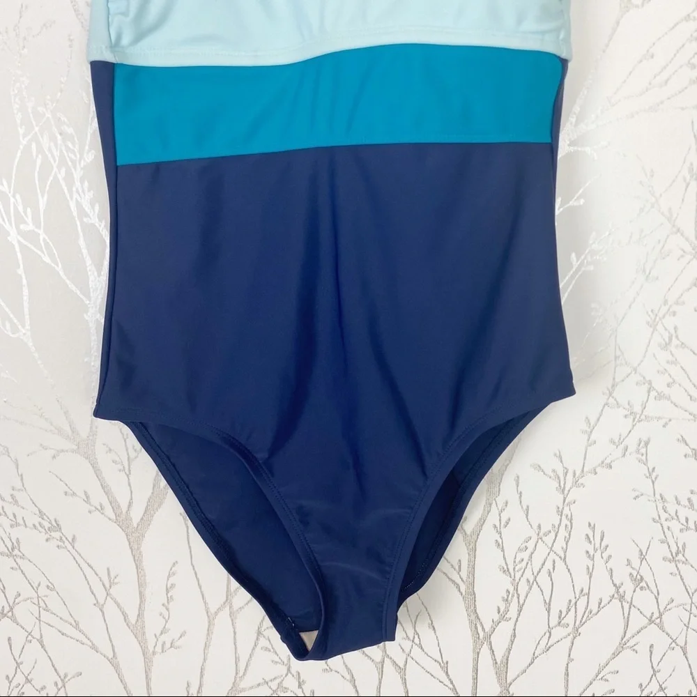 KONA SOL Blue Colorblock Open Back One Piece Swimsuit NWT Small